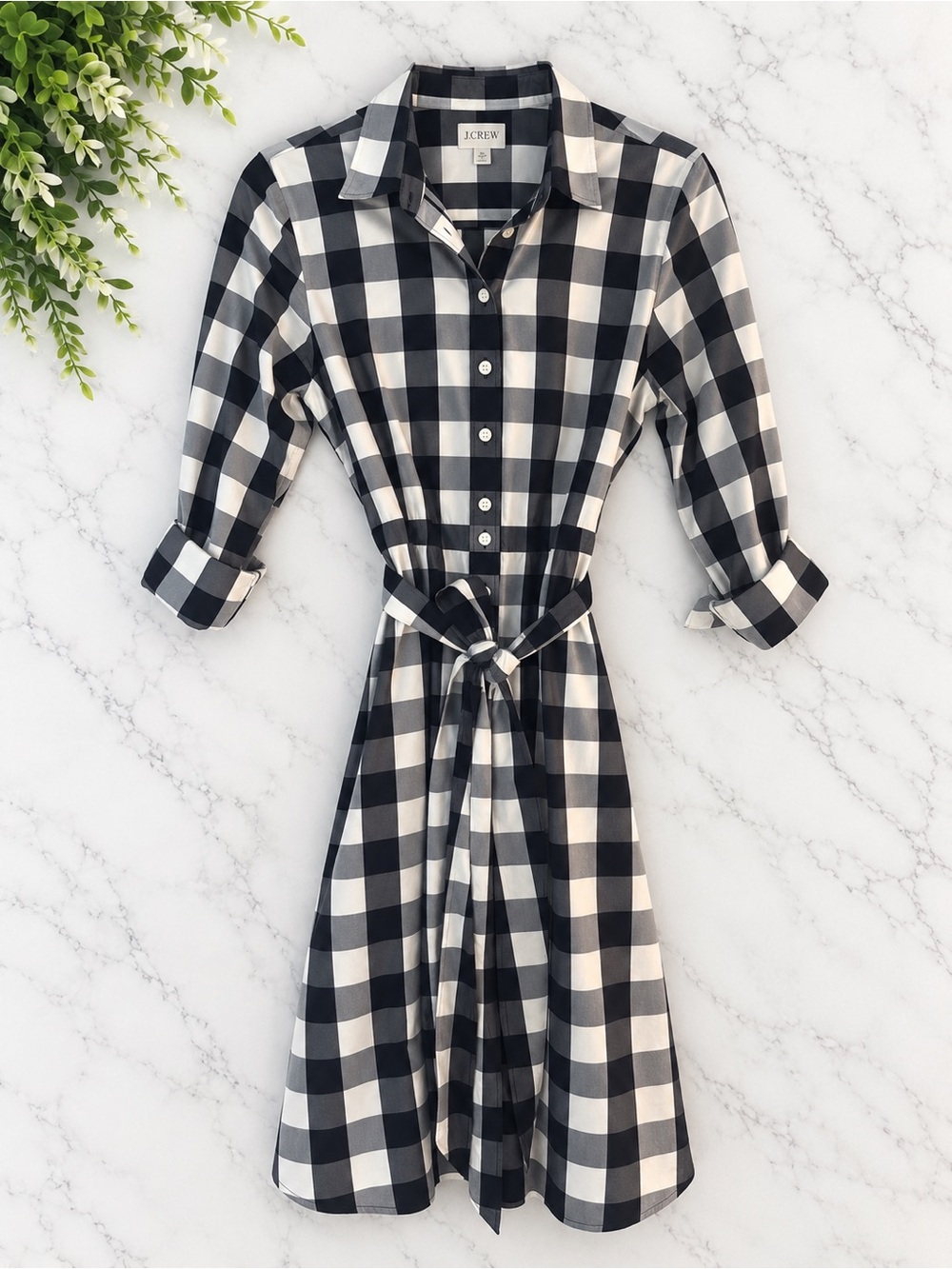 J.Crew Black Gray and White Buffalo Check Plaid Tie Waist Shirt Dress Size 10